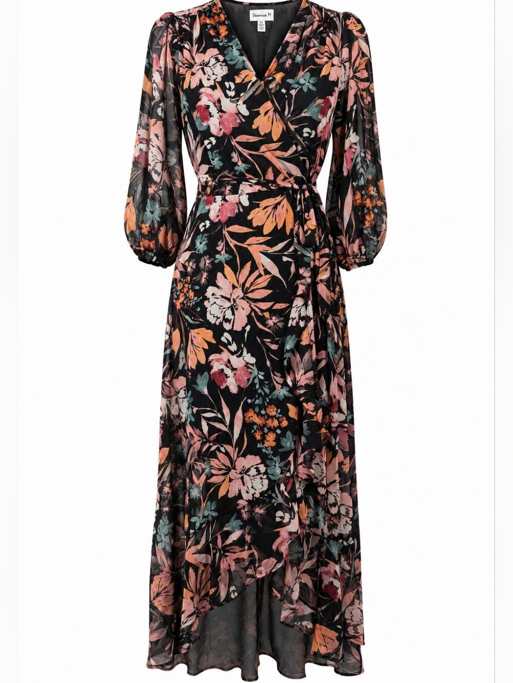 Veronica M XS Black Floral Wrap Midi Dress 3/4 Sleeve High Low Dark Romantic